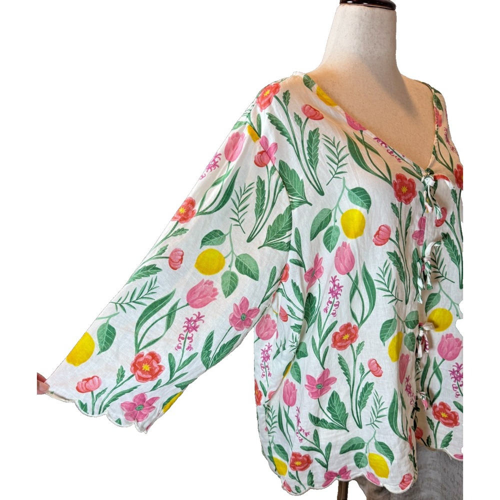 Rachel Zoe Linen Blend Lemon Floral Tunic Top 3X Tie Front Scallop Hem - Picture 4 of 12